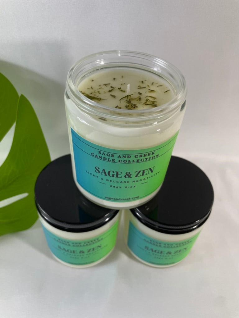 Our amazing Sage & Zen soy candle has a fresh and clean scent. Light this candle to enhance your mood with positive energy*. This intriguing blend of sage, eucalyptus leaves, earthy musk and rosemary combined with our natural soy wax has 25+ hours of burn time to enjoy, it also gives a fresh cleansing aroma to your space. Hand-poured with love and care in California.