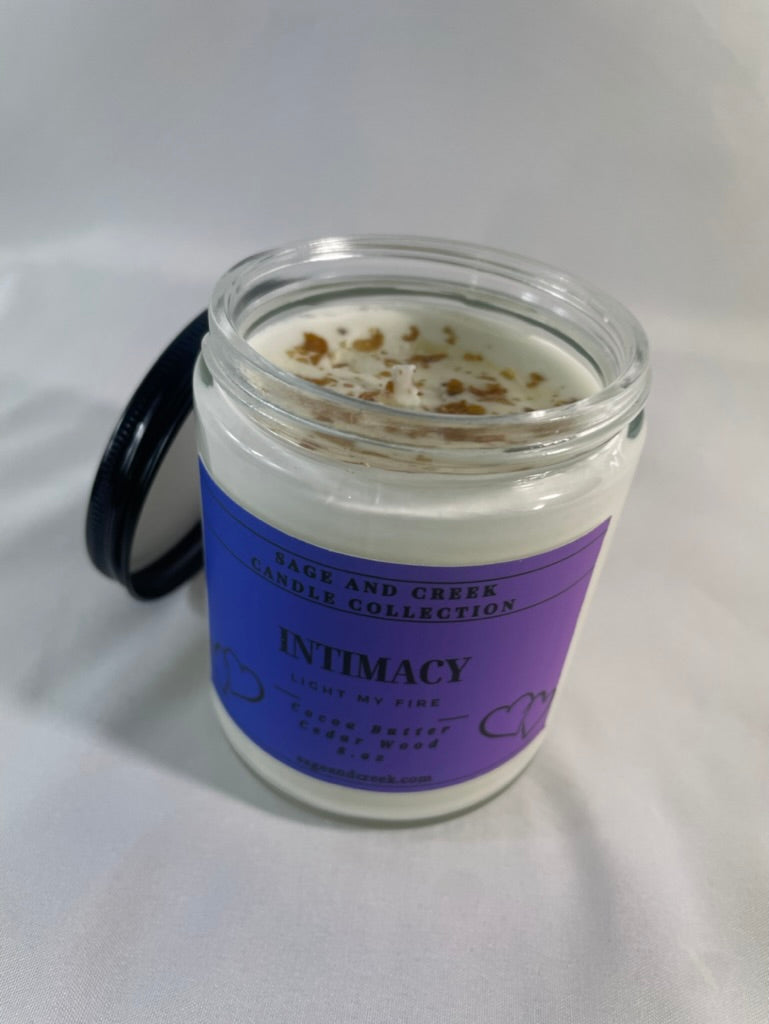 Set the mood for any intimate moment, by lighting our Intimacy soy candle. The arousing scents of cashmere, cocoa butter, jasmine and rich vanilla completes this lovely blend. This is perfect for cuddling, afternoon delights, movie nights, spine tingling conversations or any intimate moment of your choice.