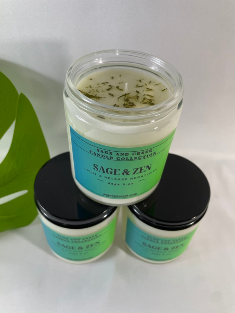 Our amazing Sage & Zen soy candle has a fresh and clean scent. Light this candle to enhance your mood with positive energy*. This intriguing blend of sage, eucalyptus leaves, earthy musk and rosemary combined with our natural soy wax has 25+ hours of burn time to enjoy, it also gives a fresh cleansing aroma to your space. Hand-poured with love and care in California. 