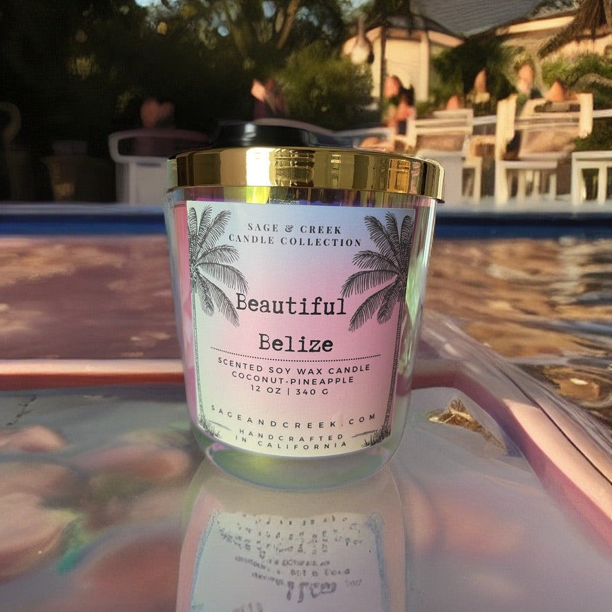 This candle is just as exotic and tropical as the beautiful vacation island of Belize. It boasts of vacation scents like coconut, pineapple, lemon, sugared rum and rich vanilla embodied in our natural soy wax. Light and enjoy 40+ hours of burn time. Hand crafted with love and care in California. 